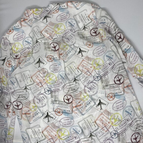 Alice + Olivia Willa Globe Trotter Stamp Silk Blouse Small - Picture 10 of 10